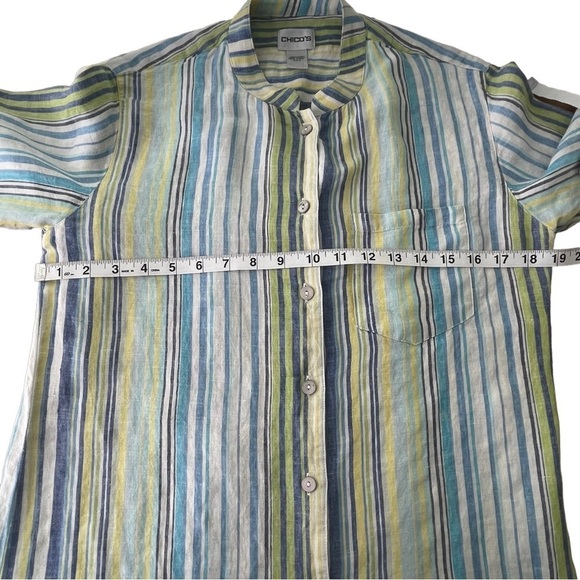 Chico's 100% Linen Mandarin Collar Blue/Green/Yellow Stripe Tunic - Sz XS/4 - Picture 14 of 16